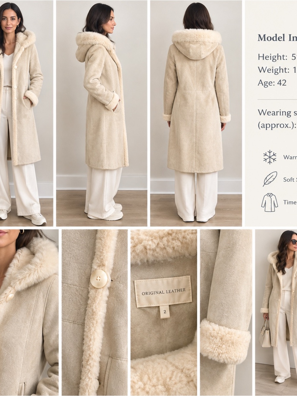 Women's Cream Hooded Shearling Coat